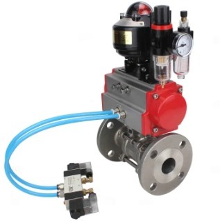 Кран шаровой DN.ru BV3131P(3pc)-FP-F-ISO-H Ду100 Ру16 полнопроходной трехсоставной, фланцевый, нержавеющая сталь 304, уплотнение - PTFE, 22х22, F10, WDVF, с пневмоприводом DN.ru PA-SA-140, пневмораспределителем 4V320-10 220В, БКВ APL-510N EX и БПВ...