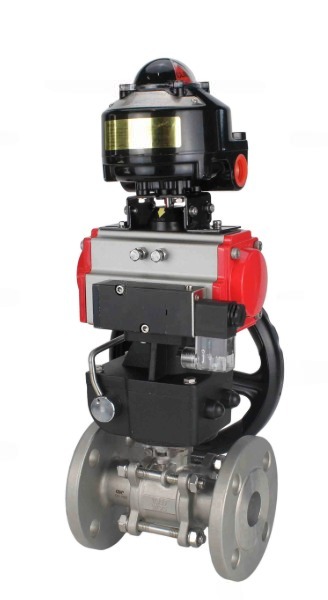 Кран шаровой DN.ru BV3131P(3pc)-FP-F-ISO-H Ду15 Ру40 фланцевый, полнопроходной, трехсоставной, корпус - нерж.сталь SS304, уплотнение - PTFE, с пневмоприводом DN.ru PA-DA-052 пн.распределителем 4M310-08 220В редуктором MON1-250-T26-ISO БКВ APL-510N-EX