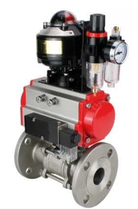 Кран шаровой DN.ru BV3131P(3pc)-FP-F-ISO-H Ду100 Ру16 фланцевый, полнопроходной, трехсоставной, корпус - нерж. сталь SS304, уплотнение - PTFE, с пневмоприводом DN.ru PA-SA-160 пн.распределителем 4M310-08 220В БПВ AFC2000 БКВ APL-510N-EX