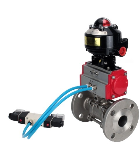 Кран шаровой DN.ru BV3131P(3pc)-FP-F-ISO-H Ду100 Ру16 фланцевый, полнопроходной, трехсоставной, корпус - нержавеющая сталь SS304, уплотнение - PTFE, с пневмоприводом DN.ru PA-SA-160 пн.распределителем 4V320-08 БКВ APL-510N-EX