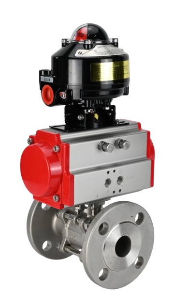 Кран шаровой DN.ru BV3131P(3pc)-FP-F-ISO-H Ду100 Ру16 фланцевый, полнопроходной, трехсоставной, корпус - нержавеющая сталь SS304, уплотнение - PTFE, с пневмоприводом DN.ru PA-SA-160 и БКВ APL-510N-EX