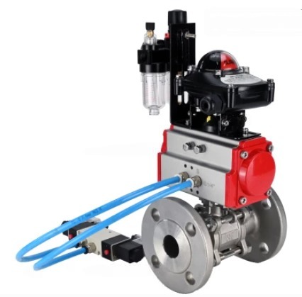 Кран шаровой DN.ru BV3131P(3pc)-FP-F-ISO-H Ду40 Ру40, трехсоставной полнопроходной фланцевый, нержавеющая сталь SS304, уплотнение - PTFE, с пневмоприводом DN.ru PA-DA-065 двойного действия, с пневмораспределителем 4V320-08 220В, с БКВ APL-210N, с ...