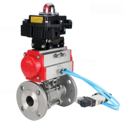 Кран шаровой DN.ru BV3131P(3pc)-FP-F-ISO-H Ду40 Ру40, трехсоставной полнопроходной фланцевый, нержавеющая сталь SS304, уплотнение - PTFE, с пневмоприводом DN.ru PA-DA-065 двойного действия, с пневмораспределителем 4V320-10 220В, с БКВ APL-410N EX