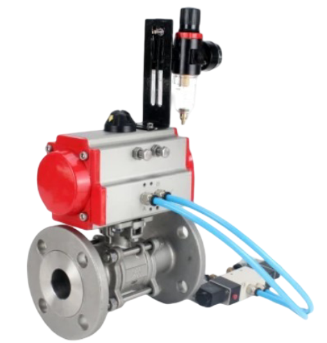Кран шаровой DN.ru BV3131P(3pc)-FP-F-ISO-H Ду100 Ру16, трехсоставной полнопроходной фланцевый, нержавеющая сталь SS304, уплотнение - PTFE, с пневмоприводом DN.ru PA-SA-160 с возвратными пружинами, с пневмораспределителем 4V320-08 220В, с БПВ AFC2000