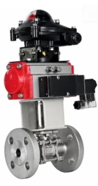 Кран шаровой DN.ru BV3131P(3pc)-FP-F-ISO-H Ду100 Ру16, трехсоставной полнопроходной фланцевый, нержавеющая сталь SS304, уплотнение - PTFE, с пневмоприводом DN.ru PA-SA-160 с возвратными пружинами, с пневмораспределителем 4M310-08 24В, с БКВ APL-210N