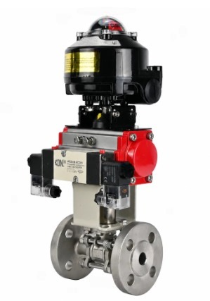 Кран шаровой DN.ru BV3131P(3pc)-FP-F-ISO-H Ду100 Ру16 полнопроходной, фланцевый, корпус - нержавеющая сталь 304, PTFE, с пневмоприводом PA-SA-140, пневмораспределителем 4V320-10 NAMUR AC220V и БКВ APL-510N EX