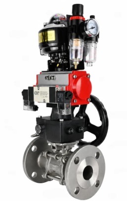 Кран шаровой DN.ru BV3131P(3pc)-FP-F-ISO-H Ду100 Ру16 полнопроходной, фланцевый, корпус - нержавеющая сталь 304, PTFE, с пневмоприводом PA-DA-105, пневмораспределителем 4V320-08 NAMUR AC220V, БКВ APL-510N EX и БПВ AFC2000