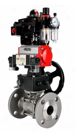Кран шаровой DN.ru BV3131P(3pc)-FP-F-ISO-H Ду100 Ру16 полнопроходной, фланцевый, корпус - нержавеющая сталь 304, PTFE, с пневмоприводом PA-DA-105, пневмораспределителем 4V320-08 NAMUR AC220V, БКВ APL-410N EX, ручным дублером MON3-700-T38-ISO и БПВ...