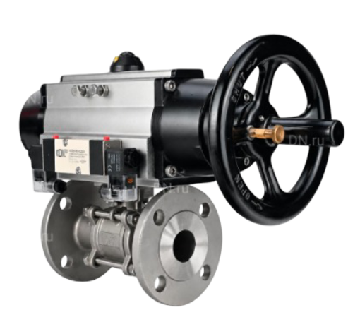 Кран шаровой DN.ru BV3131P(3pc)-FP-F-ISO-H Ду100 Ру16 WDVF полнопроходной, фланцевый, корпус - нержавеющая сталь 304, PTFE, 22х22, с пневмоприводом PA-DA-105-1 и пневмораспределителем 4V320-10 NAMUR AC220V