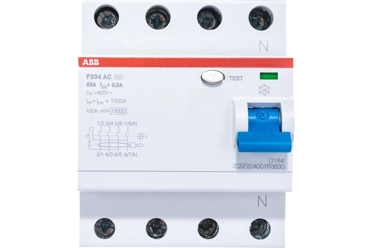 Выключатель дифференциального тока ABB F204 4п 63А 300мА тип AC