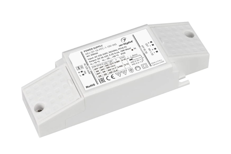 Блок питания Arlight ARJ-SP-18-PFC-1-10V-INS 30-42V 18W IP20 0,25-0,4A 030464 купить с доставкой по РФ
