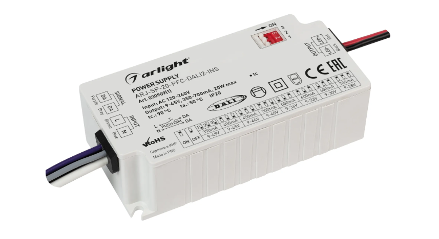 Блок питания Arlight ARJ-SP-20-PFC-Dali2 9-45V 20W IP20 0,35-0,7A 030909(1) купить с доставкой по РФ