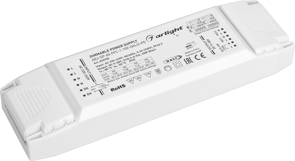 Блок питания Arlight ARJ-SP-60-PFC-1-10V-DALI2-PD 60W, 9-58V, 2x0.3-0.9A купить с доставкой по РФ