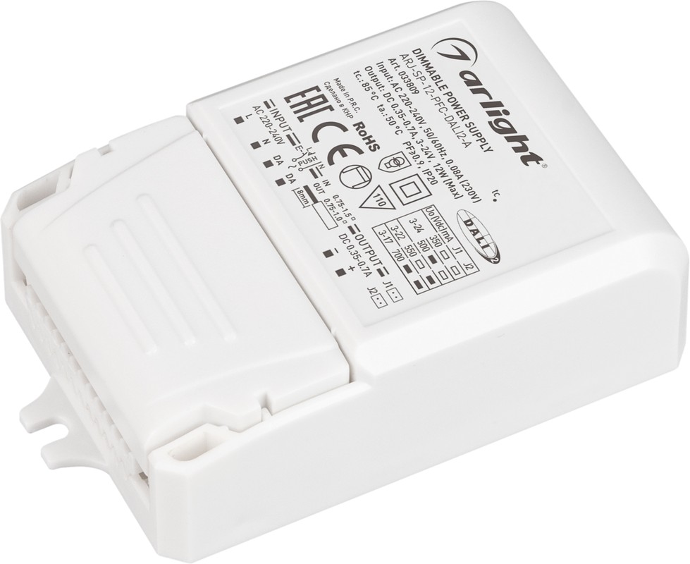 Блок питания Arlight ARJ-SP-12-PFC-Dali2-A 3-24V 12W IP20 0,35-0,7A 033809 купить с доставкой по РФ