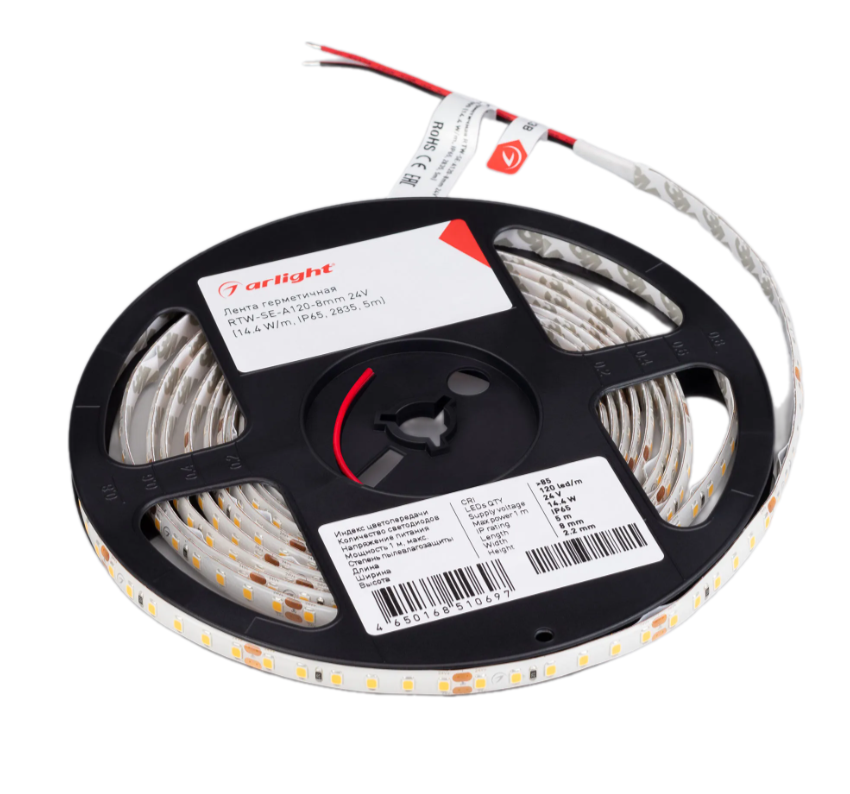 Светодиодная влагозащищенная лента Arlight RTW-SE-A120-8mm 14,4W/m 120LED/m 2835SMD теплый белый 5M 24V