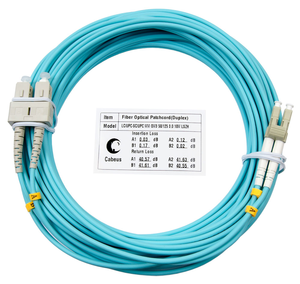 Оптический патч-корд duplex LC-SC 50/125 MM Cabeus FOP-50-LC-SC-25m 25 метров бирюзовый