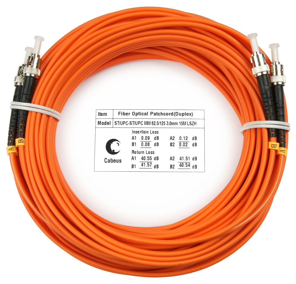 Оптический патч-корд ST-ST Cabeus FOP-62-ST-ST-15m 62,5/125 (ОМ1) 15 метров