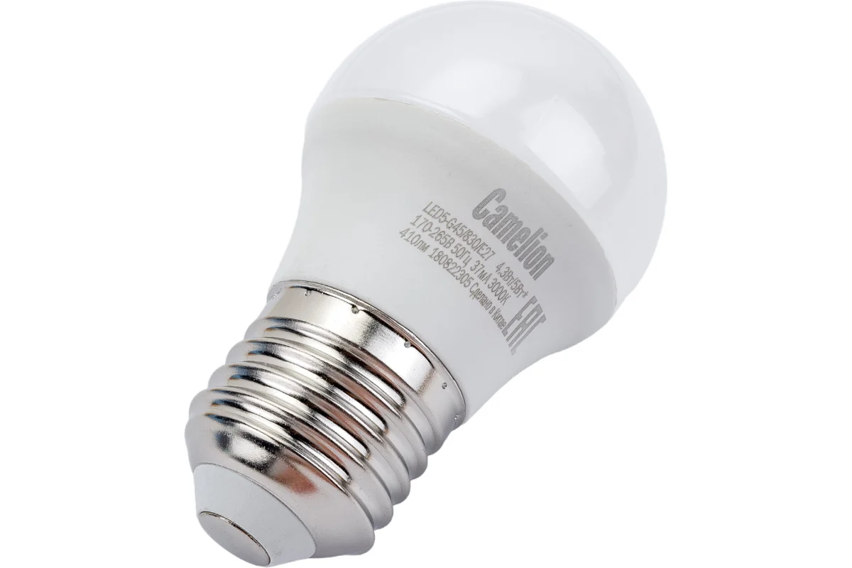 Лампа светодиодная Camelion E27 5W 3000K LED5-G45/830/E27 12028