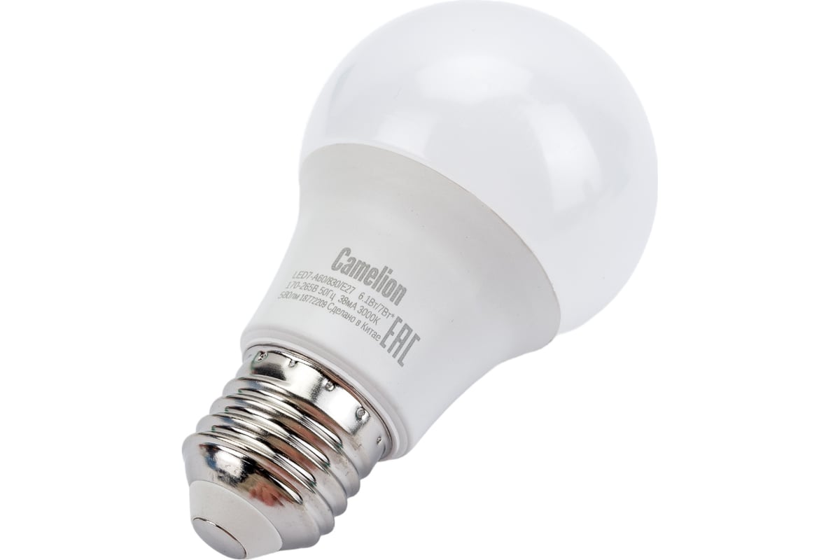 Лампа светодиодная Camelion E27 7W 3000K LED7-A60/830/E27 11253