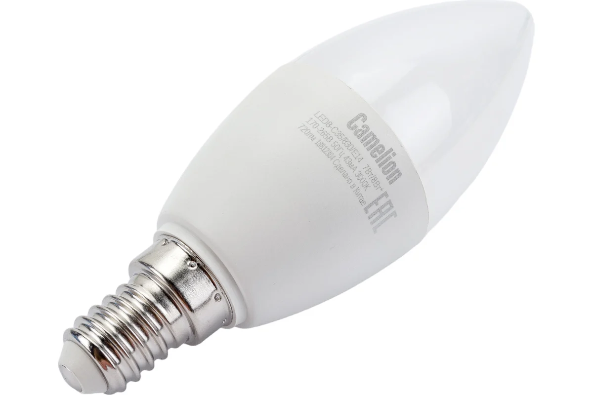 Лампа светодиодная Camelion E14 8W 3000K LED8-C35/830/E14 12385
