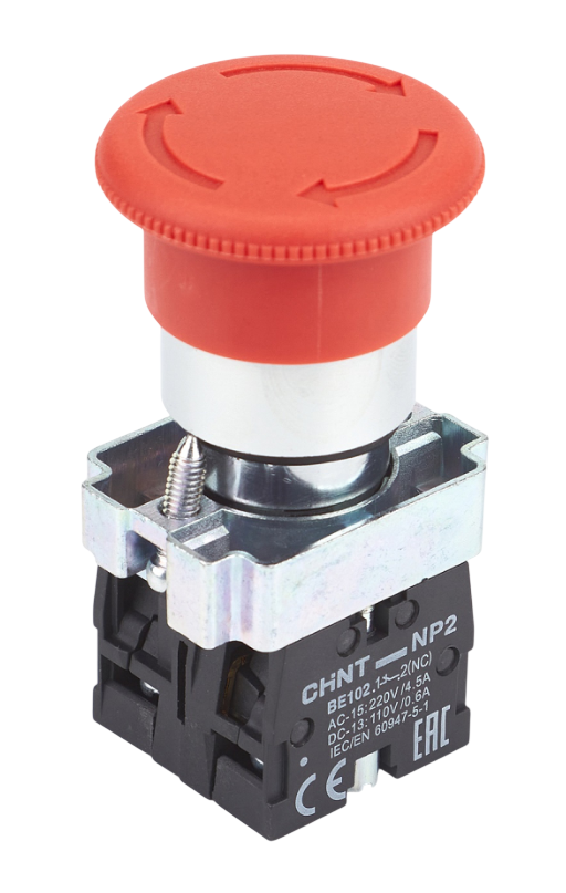 Кнопка управления "Грибок" 40мм фиксацией CHINT NP2-BS545 без подсветки красная 1НО+1НЗ, IP40 купить с доставкой по РФ