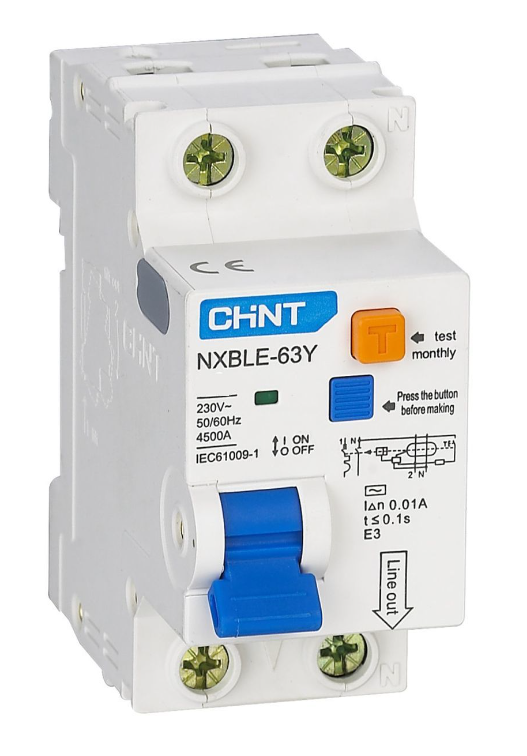 Дифференциальный автомат CHINT NXBLE-63Y 1P+N 25А 10mA электронный тип AС, характеристика С, 4.5kA