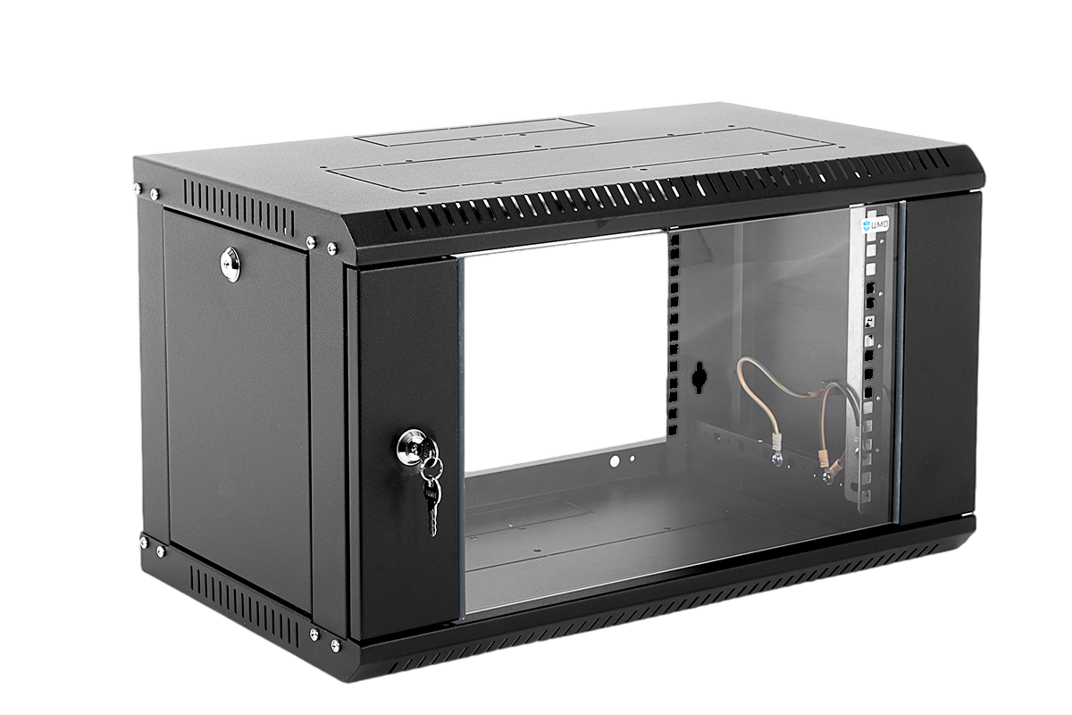 Коммутационный шкаф настенный 19" 6U ЦМО ШРН-Э-6.350-9005 стеклянная дверь черный