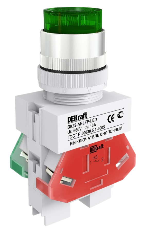 Кнопка зеленая Dekraft ABLFP 22мм LED 220В ВK-22