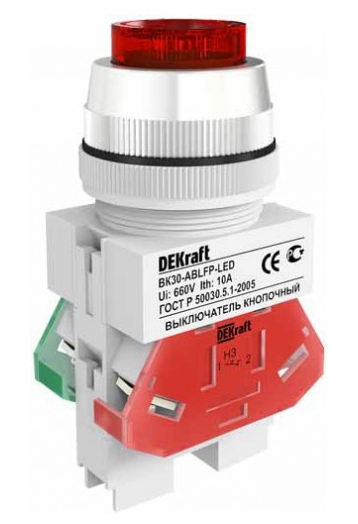 Выключатель кнопочный Dekraft ВK-22 ABLFP диаметром 22мм зеленый LED 24В AC/DC