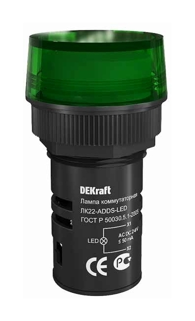 Лампа коммутационная зеленая Dekraft 22мм, LED 24В AC/DC ЛК22-ADDS-GRN-LED-24