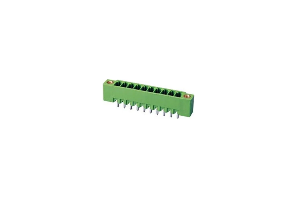 Клеммник Dinkle ECH381VM 8 контактов, "вилка", шаг 3.81 мм (с боковым резьбовым отверстием), вертикальный на плату, 300В/8А, зелёный