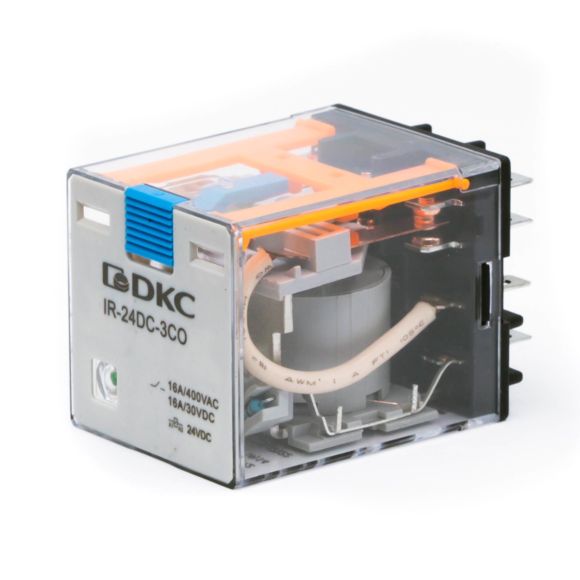 Реле DKC миниатюрное силовое 3CO ком. ток 16А AgSnO2 напряжение 230V AC опция: тест-кнопка+светодиод
