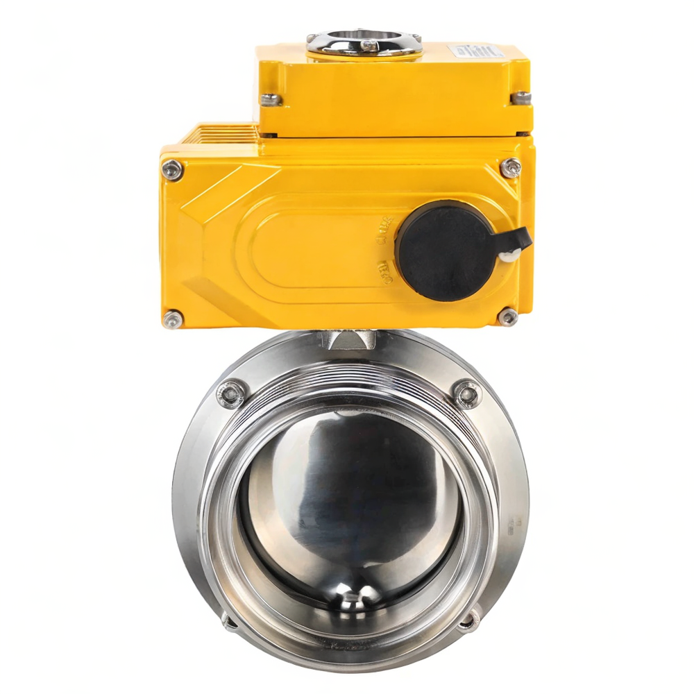Затвор дисковый поворотный DN.ru WBV3131E-2W-T-H Ду65 Ру10 пищевая нержавеющая сталь 304, уплотнение - EPDM, резьбовой, с электроприводом DN.ru QT-N-005EM-B1-220VAC-У1 (0-10В)