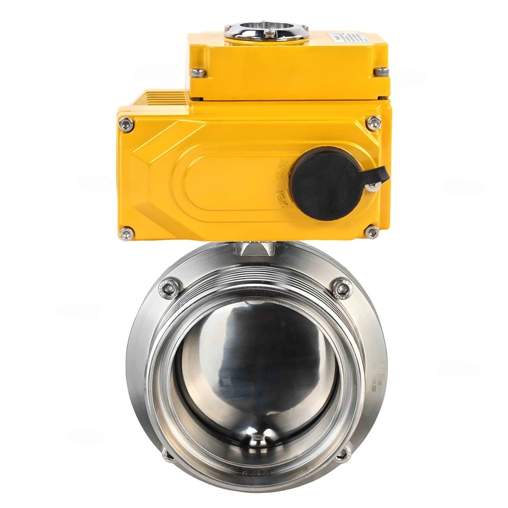 Затвор дисковый поворотный DN.ru WBV3131E-2W-T-H Ду65 Ру10 пищевая нержавеющая сталь 304, уплотнение - EPDM, резьбовой, с электроприводом DN.ru QT-N-005EM-A1-220VAC-У1 (4-20мА)