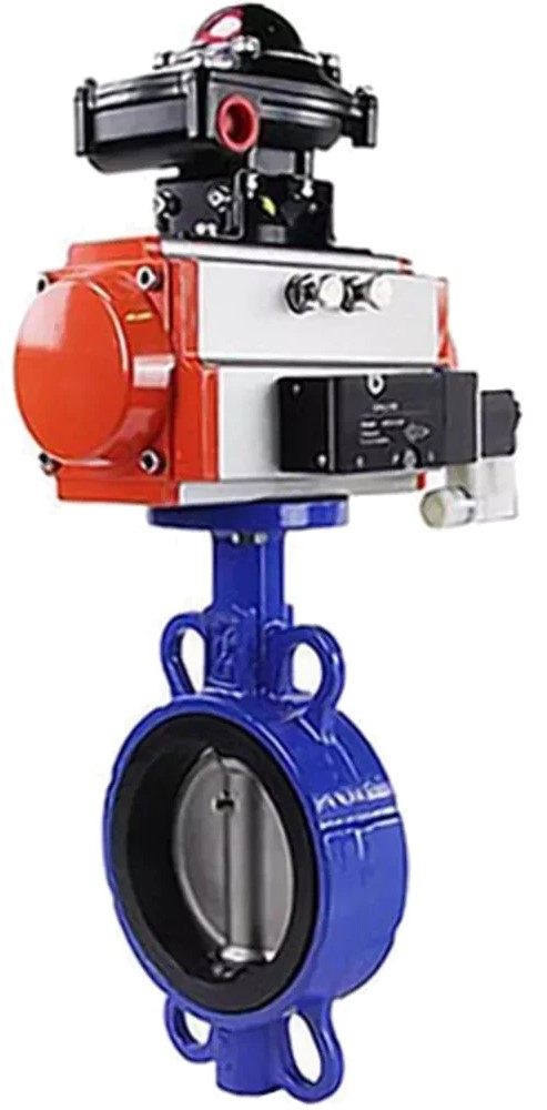 Затвор дисковый поворотный DN.ru WBV1413E-2W-Fb-H Ду125 Ру16, корпус - чугун GGG50, диск - чугун GGG40, уплотнение - EPDM, с пневмоприводом DN.ru PA-DA-105, пневмораспределителем 4M310-08 220В, БПВ AFC2000 и БКВ APL-510N EX