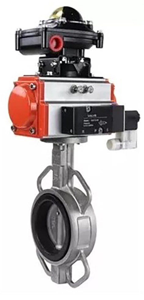 Затвор дисковый поворотный DN.ru WBV3232N-2W-Fb-H Ду125 Ру16, корпус - нержавеющая сталь 316L, диск - нержавеющая сталь 316L, NBR, с пневмоприводом DN.ru PA-DA-105, пневмораспределителем 4V320-08 220В, БКВ APL-510N EX и БПВ AFC2000