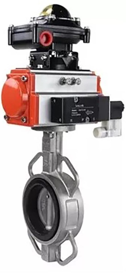 Затвор дисковый поворотный DN.ru WBV3232N-2W-Fb-H Ду100 Ру16, корпус - нержавеющая сталь 316L, диск - нержавеющая сталь 316L, NBR, с пневмоприводом DN.ru PA-DA-105, пневмораспределителем 4V320-10 220В, БКВ APL-510N EX и БПВ AFC2000
