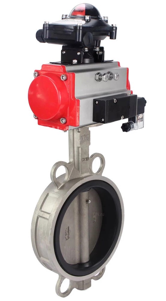Затвор дисковый поворотный DN.ru WBV3232N-2W-Fb-H Ду150 Ру16, корпус - нержавеющая сталь 316L, диск - нержавеющая сталь 316L, уплотнение - NBR, с пневмоприводом DN.ru PA-DA-130, пневмораспределителем 4V320-08 220В, БКВ APL-210N и БПВ AFC2000
