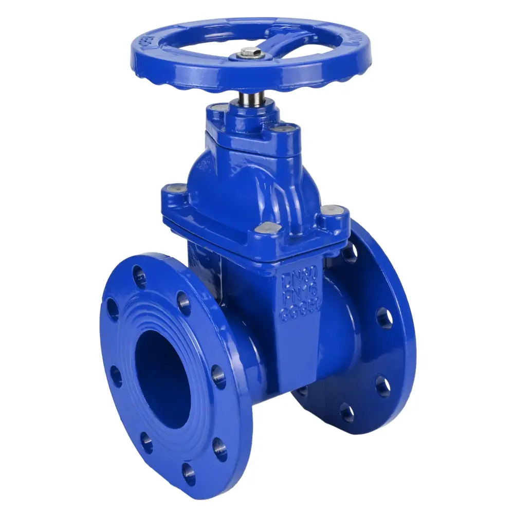 Задвижка клиновая 30ч39р (аналог МЗВ) DN.ru GVWN1414E-2W-F-S blue Ду125 Ру10/16 фланцевая, корпус - чугун GGG50, уплотнение - EPDM, со штурвалом и невыдвижным штоком, цвет - синий