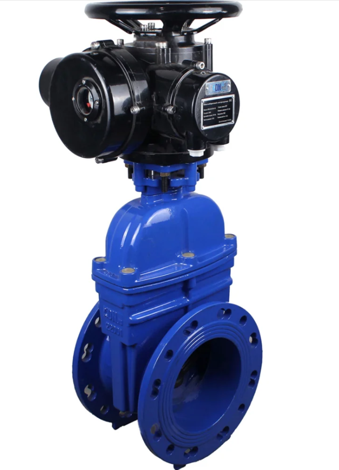 Задвижка клиновая 30ч939р (аналог МЗВ) DN.ru GVWN1414E-2W-F Ду100 Ру10/16 фланцевая, клин - обрезиненный, шпиндель - невыдвижной, корпус - чугун, уплотнение - EPDM, c ОСТ-фланцем с электроприводом DN.ru MT-N-005EM-O2-380VAC-У1 пятикулачковым