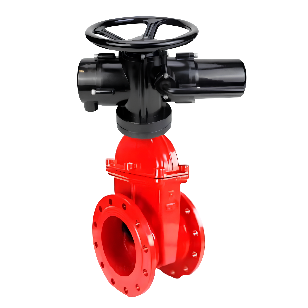 Задвижка клиновая 30ч939р DN.ru GVWN1414E-2W-F Ду80 Ру10/16, фланцевая, корпус - чугун GGG50, уплотнение - EPDM, с ОСТ-фланцем тип А и невыдвижным штоком, цвет - красный, с электроприводом многооборотным DN.ru MT-N-005EM-O2-380-У1 380В пятикулачковый