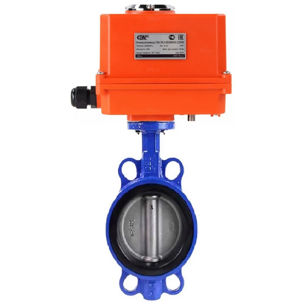 Затвор дисковый поворотный для абразивных сред DN.ru WBV1632E-2W-Fb-H Ду80 Ру16, корпус - чугун QT450, диск - нержавеющая сталь 316L, уплотнение - EPDM, с электроприводом DN.ru QT-N-003EM-O1-220VAC-У1 MINI 220В купить с доставкой по РФ
