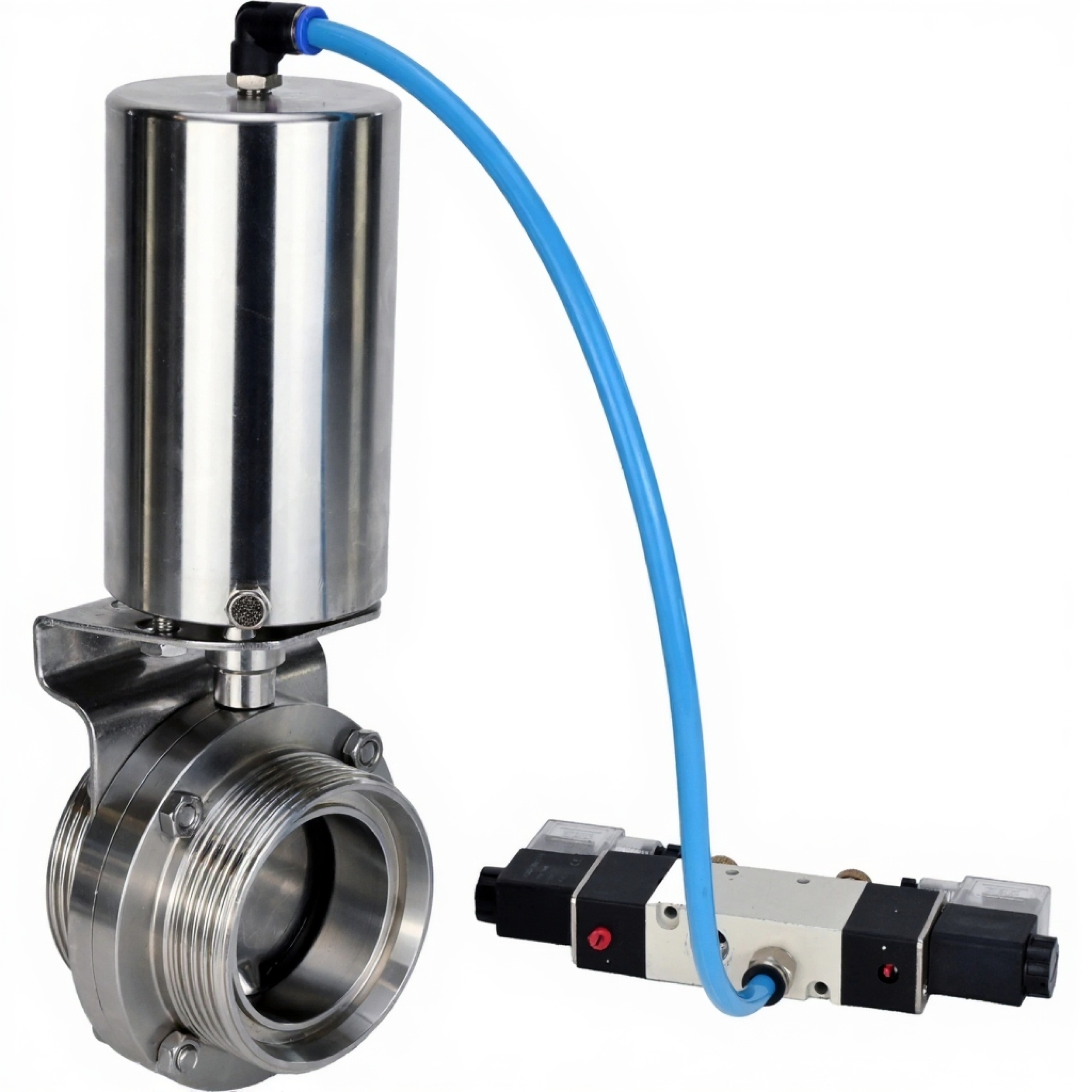 Затвор дисковый поворотный DN.ru WBV3131S-2W-T-H Ду40 Ру10 пищевая нержавеющая сталь 304, уплотнение – Silicon, резьбовой, с пневмоприводом DN.ru PA-SA-85 и пневмораспределителем DN.ru 4V320-10 220В купить с доставкой по РФ