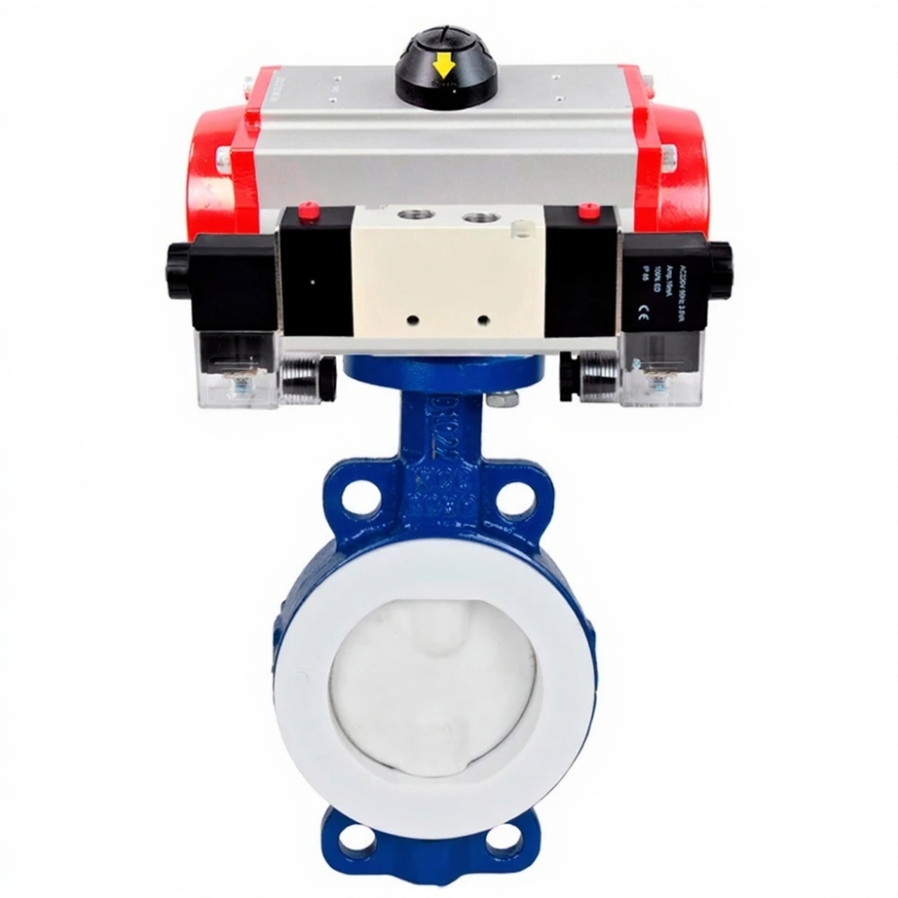 Затвор дисковый поворотный DN.ru WBV3434Pf-2W-Fb-H Ду125 Ру16 корпус - углеродистая сталь WCB, диск - углеродистая сталь WCB, футерованный PTFE, уплотнение - PTFE, с пневмоприводом DN.ru PA-SA-130 и пневмораспределителем DN.ru 4V320-08 220В купить с доставкой по РФ