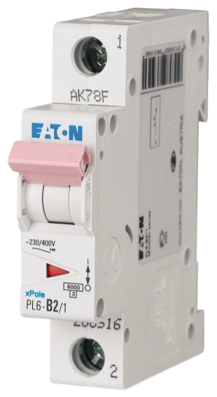 Автоматический выключатель Eaton PL6-C2/1 2А кривая отключения C 1 полюс 6кА
