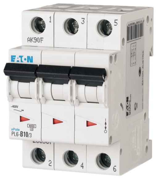 Автоматический выключатель Eaton PL6-B10/3 10А кривая отключения В 3 полюса 6 кА (MOD01002/1)