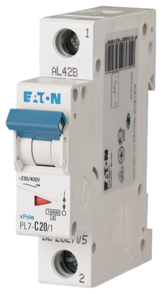 Автоматический выключатель Eaton PL7-C20/1 20А кривая отключения C 1 полюс 10 кА (MOD01003/1)