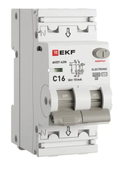 Устройство защитного отключения EKF PROXIMA АВДТ-63N 1P+N 16А 10мА х-ка С тип AC электронный 6кА купить с доставкой по РФ