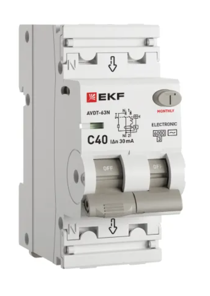 Устройство защитного отключения PROXIMA EKF АВДТ-63N 1P+N 40А 30мА х-ка C тип AC электронный 6кА купить с доставкой по РФ