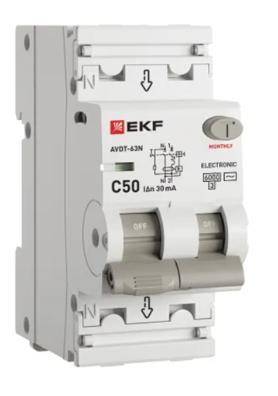 Устройство защитного отключения EKF PROXIMA АВДТ-63N 1P+N 50А 30мА х-ка C тип AC электронный 6кА купить с доставкой по РФ